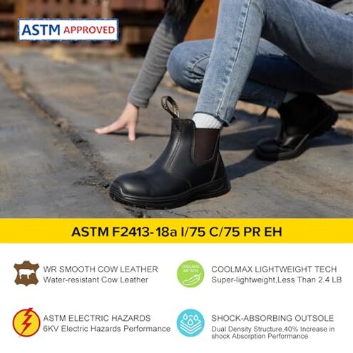 Women's Steel Toe Wrok Boots Waterproof Cow Leather Safety Chelsea Boots 6KV Electrical Hazard Lightweight Safety Shoes