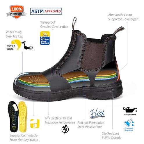 Women's Steel Toe Wrok Boots Waterproof Cow Leather Safety Chelsea Boots 6KV Electrical Hazard Lightweight Safety Shoes