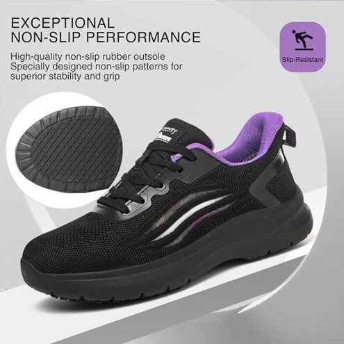 Treesky Non Slip Work Shoes for Women in Food Service - Slip Resistant, Comfortable & Lightweight Sneakers, Suitable for Restaurant, Kitchen & Nursing Crews (Black & Purple, Size 8)