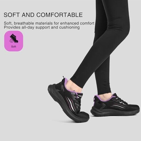 Treesky Non Slip Work Shoes for Women in Food Service - Slip Resistant, Comfortable & Lightweight Sneakers, Suitable for Restaurant, Kitchen & Nursing Crews (Black & Purple, Size 8)