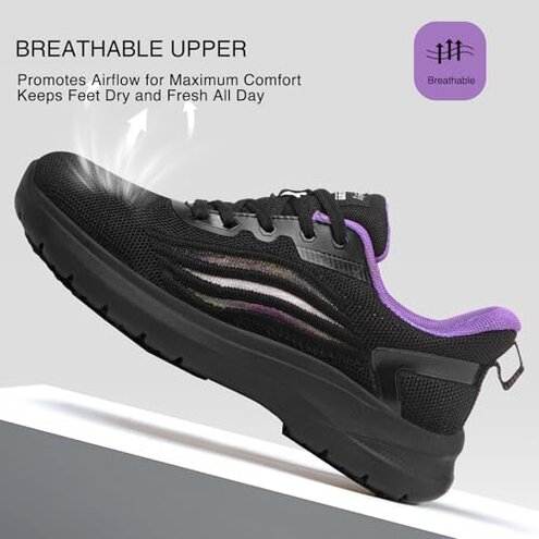 Treesky Non Slip Work Shoes for Women in Food Service - Slip Resistant, Comfortable & Lightweight Sneakers, Suitable for Restaurant, Kitchen & Nursing Crews (Black & Purple, Size 8)