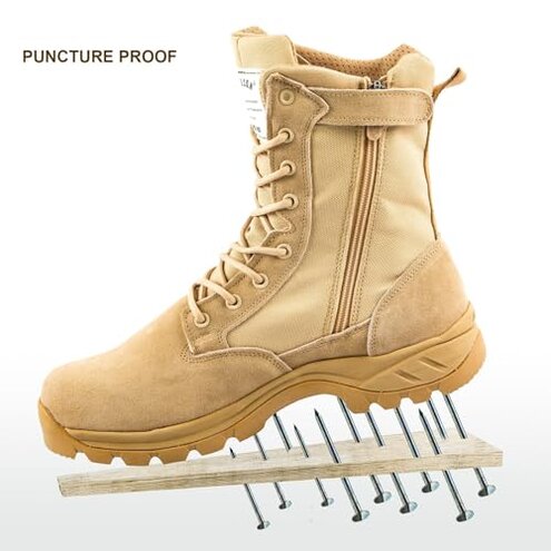 IODSON Men's Military Tactical Work Boots with Side Zipper, Puncture Resistant, Desert Combat, Army Jungle, 8 Inch Lightweight Hiking Boots Beige US 9