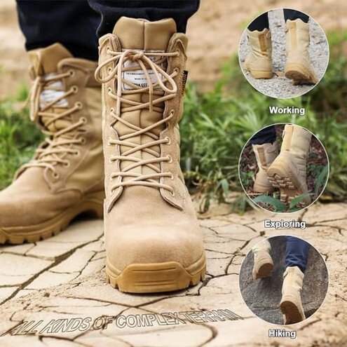 IODSON Men's Military Tactical Work Boots with Side Zipper, Puncture Resistant, Desert Combat, Army Jungle, 8 Inch Lightweight Hiking Boots Beige US 9
