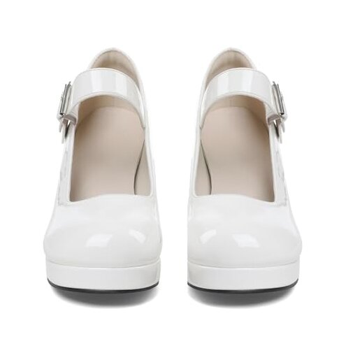 Accloris White Platform Mary Jane Shoes Women Girls,Ankle Strap Round Toe Goth Chunky Uniform Dress Pumps Shoes Oxfords Size7.5