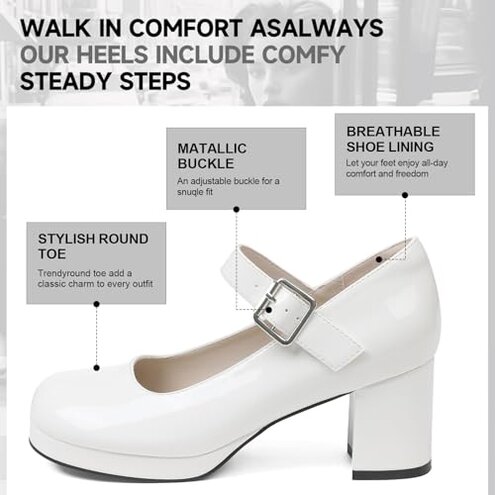 Accloris White Platform Mary Jane Shoes Women Girls,Ankle Strap Round Toe Goth Chunky Uniform Dress Pumps Shoes Oxfords Size7.5