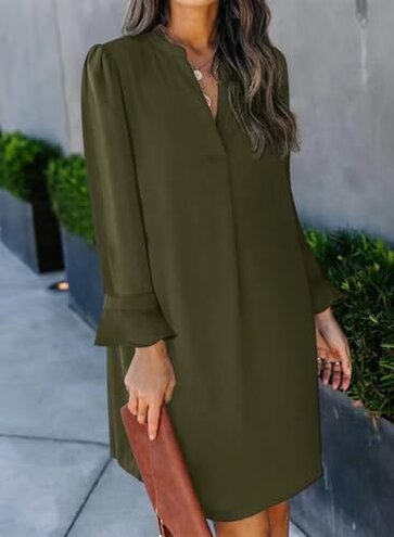 Wkior Elegant Dresses for Women V Neck Long Sleeves Casual Solid Color Dress Indigo XL