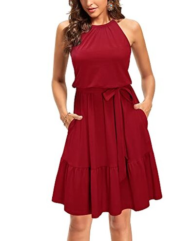 Newshows Women's 2024 Summer Dress Halter Casual Beach Vacation Outfits Hawaiian Dresses Ruffle Belted Sundress with Pockets(Wine, L)