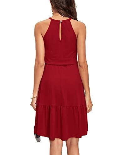 Newshows Women's 2024 Summer Dress Halter Casual Beach Vacation Outfits Hawaiian Dresses Ruffle Belted Sundress with Pockets(Wine, L)