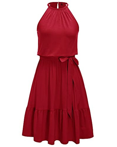 Newshows Women's 2024 Summer Dress Halter Casual Beach Vacation Outfits Hawaiian Dresses Ruffle Belted Sundress with Pockets(Wine, L)