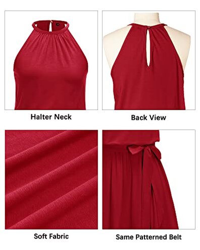 Newshows Women's 2024 Summer Dress Halter Casual Beach Vacation Outfits Hawaiian Dresses Ruffle Belted Sundress with Pockets(Wine, L)