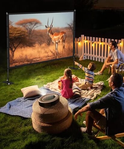 Outdoor-Projector-Screen-with-Stand - 120 inch Portable Projector Screen Indoor Outdoor Projector Screens 16:9 4K HD Lightweight Movie Screen with Carry Bag for Backyard Movie Night