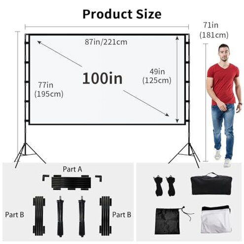TOWOND Projector Screen with Stand, 100 inch Outdoor Projector Screen Portable Indoor Projection Screen 16:9 4K Rear Front Movie Screen with Carry Bag for Home Backyard Theater
