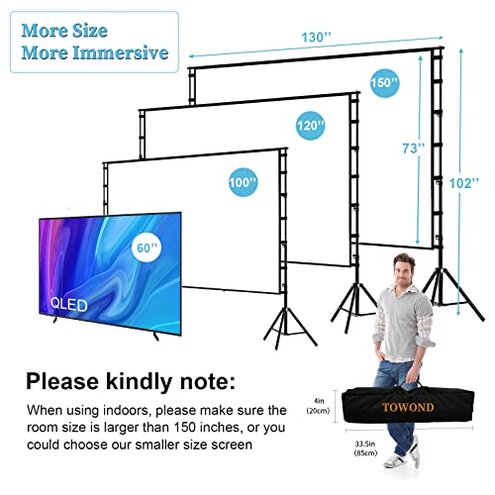 TOWOND Projector Screen and Stand, 150 inch Indoor Outdoor Projection Screen, Portable 16:9 4K HD Rear Front Movie Screen with Carry Bag Wrinkle-Free Design for Home Theater Backyard Cinema