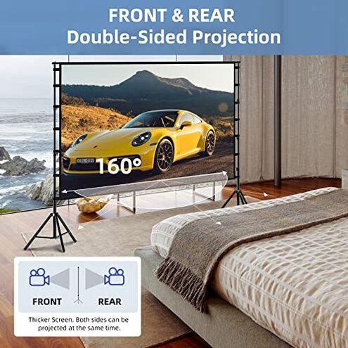 TOWOND Projector Screen and Stand, 150 inch Indoor Outdoor Projection Screen, Portable 16:9 4K HD Rear Front Movie Screen with Carry Bag Wrinkle-Free Design for Home Theater Backyard Cinema