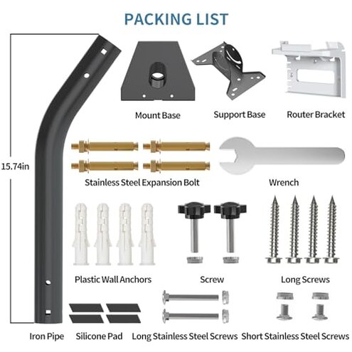 Starlink Gen 3 Mount, Adjustable Metal Starlink Pole Mounting Kit for Wall /Roof, with 2-in-1 Router Mount (Black, 15.7-inch)