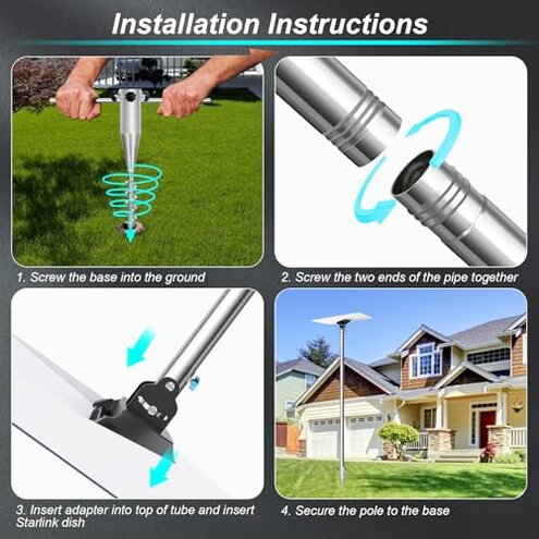 Starlink Gen 3 Pole Mount Kit, Ybervont 9Ft Starlink Ground Pole Mount Gen 3, Features 1.5'' Diameter Stainless Steel Pole with No-Dig Spiral Ground Anchor, Starlink Mounting Kit Gen 3 Pipe Adapter