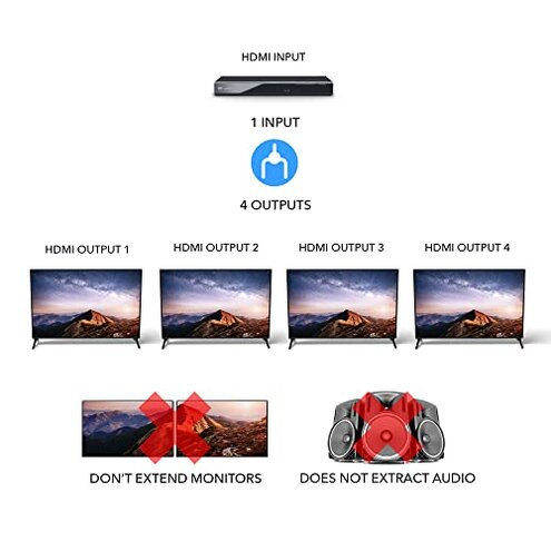 OREI UltraHD 4K @ 60 Hz 1 X 4 HDMI Splitter 1 in 4 Out 4 Port 4: 8-Bit - HDMI 2.0, HDCP 2.0, 18 Gbps, EDID, Duplicate / Mirror 4K Screens - UHDS-104