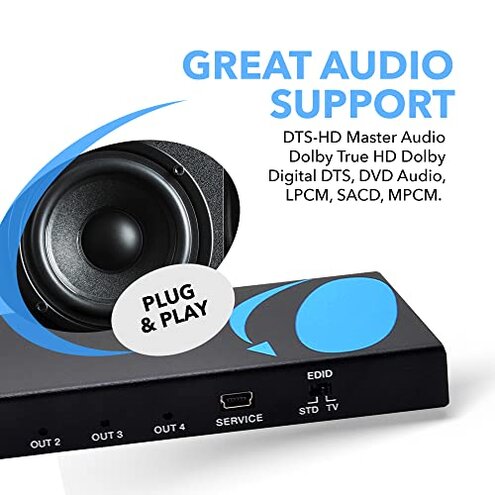 OREI UltraHD 4K @ 60 Hz 1 X 4 HDMI Splitter 1 in 4 Out 4 Port 4: 8-Bit - HDMI 2.0, HDCP 2.0, 18 Gbps, EDID, Duplicate / Mirror 4K Screens - UHDS-104