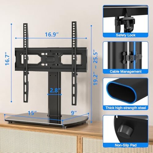 Rfiver Universal Swivel TV Stand for 27-50 55 60 Inch TVs, Height Adjustable Table Top TV Stand Mount Hold up to 88 lbs, Pedestal TV Stands with Tempered Glass Base, Replacement TV Mount Stand