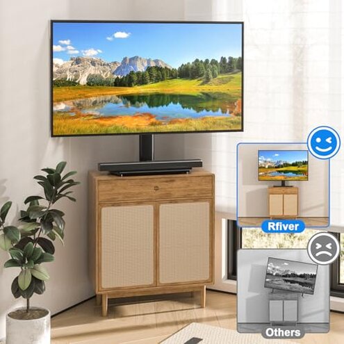 Rfiver Universal Swivel TV Stand for 27-50 55 60 Inch TVs, Height Adjustable Table Top TV Stand Mount Hold up to 88 lbs, Pedestal TV Stands with Tempered Glass Base, Replacement TV Mount Stand