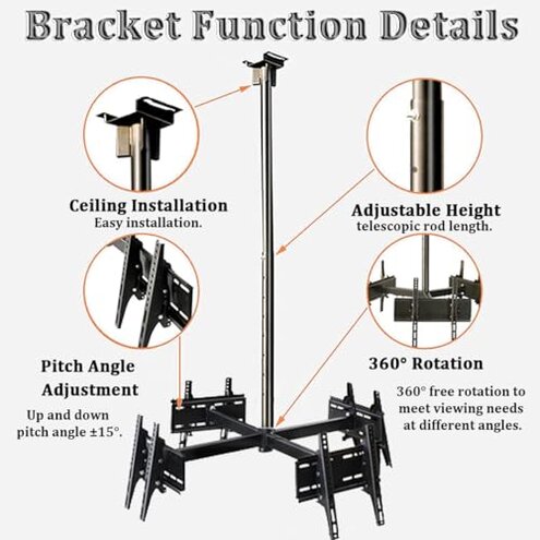 Ceiling TV Mount with 360° Rotation, Up/Down Angle and Height Adjustment for Flat Screen TVs