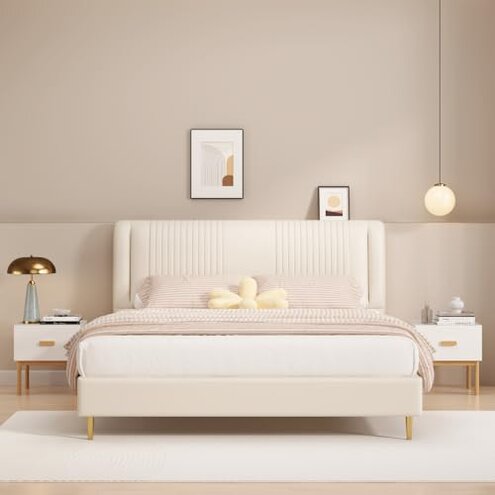 Modern White Nightstand with Drawer and Wood Legs, Minimalist Bedside Table with Handle for Bedroom, Living Room, Apartment