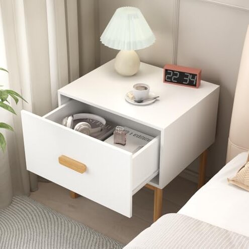 Modern White Nightstand with Drawer and Wood Legs, Minimalist Bedside Table with Handle for Bedroom, Living Room, Apartment