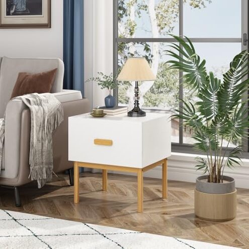 Modern White Nightstand with Drawer and Wood Legs, Minimalist Bedside Table with Handle for Bedroom, Living Room, Apartment