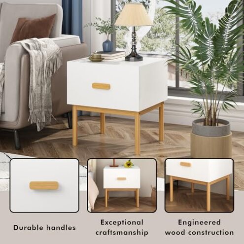 Modern White Nightstand with Drawer and Wood Legs, Minimalist Bedside Table with Handle for Bedroom, Living Room, Apartment