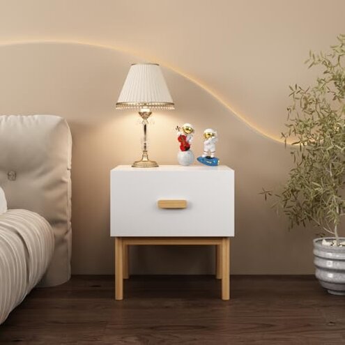 Modern White Nightstand with Drawer and Wood Legs, Minimalist Bedside Table with Handle for Bedroom, Living Room, Apartment