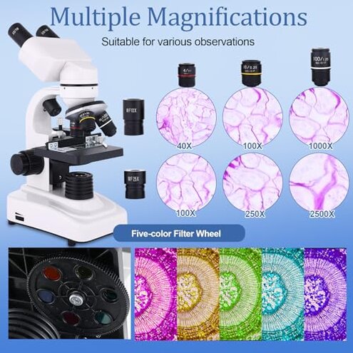OOZSTAR Compound Microscope, 40x-2500x Magnification, Dual LED Illumination, Microscope for Adults, Suitable for Schools, Home Labs, Children and Beginners