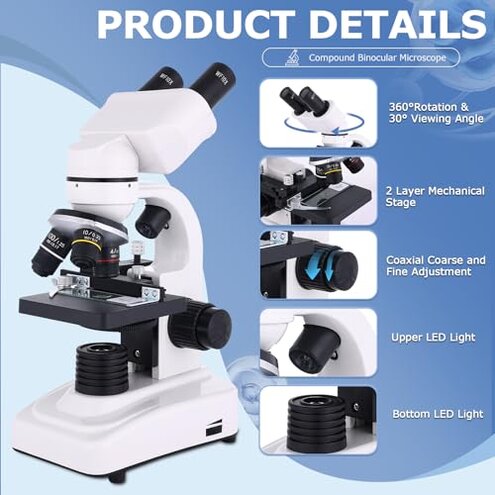OOZSTAR Compound Microscope, 40x-2500x Magnification, Dual LED Illumination, Microscope for Adults, Suitable for Schools, Home Labs, Children and Beginners