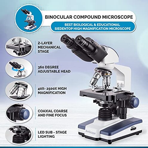 AmScope B120 Series Student & Professional LED Binocular Compound Microscope - 40X-2500X Magnification - Includes 5MP USB Camera & Siedentopf Head