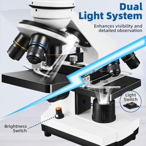 Fitense Microscope for Adults Kids,40X-2000X Monocular Microscope Kit for Home School Lab, 2 LED Lights & 5 Colors Kids Microscope with Phone Holder,10 Specimen Slides,20 Slides,100 Coverslips, Bag