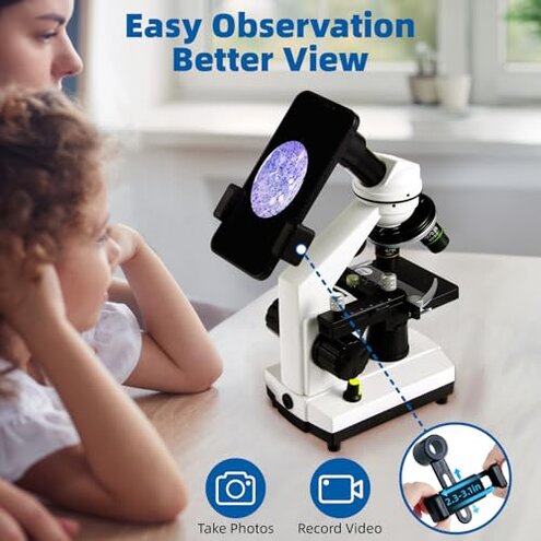 Fitense Microscope for Adults Kids,40X-2000X Monocular Microscope Kit for Home School Lab, 2 LED Lights & 5 Colors Kids Microscope with Phone Holder,10 Specimen Slides,20 Slides,100 Coverslips, Bag