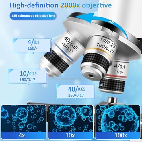 Microscope for Kids，40X-2000X Mobile Phone Adapter with Microscope Slide Microscope kit for Home School Laboratories for Children Students