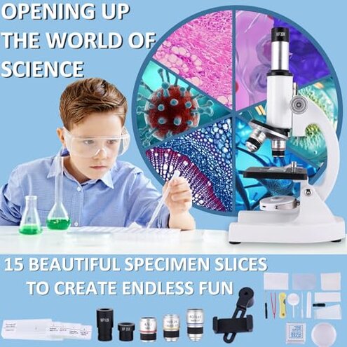 Microscope for Kids，40X-2000X Mobile Phone Adapter with Microscope Slide Microscope kit for Home School Laboratories for Children Students