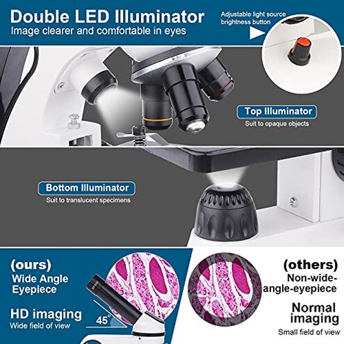 BEBANG Monocular Microscope for Adults Students,40X-2000X Magnification,Dual LED Beginners Kids Microscopes with Science Kits,Phone Adapter,Carrying Case,AC Adapter,15 Slides for Lab Class Study