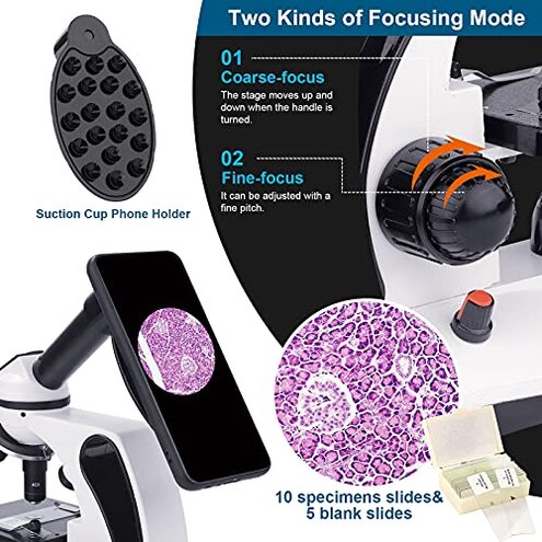 BEBANG Monocular Microscope for Adults Students,40X-2000X Magnification,Dual LED Beginners Kids Microscopes with Science Kits,Phone Adapter,Carrying Case,AC Adapter,15 Slides for Lab Class Study