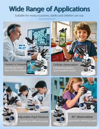 Adult Trinocular Microscope WF10x and WF25x Eyepieces 40X-5000X Magnification, Digital Lab Trinocular Compound LED Microscope (Trinocular Microscope with Electronic Eyepieces)