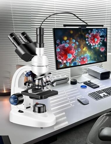 Adult Trinocular Microscope WF10x and WF25x Eyepieces 40X-5000X Magnification, Digital Lab Trinocular Compound LED Microscope (Trinocular Microscope with Electronic Eyepieces)