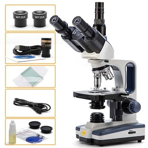 SWIFT Trinocular Compound Microscope SW350T,40X-2500X Magnification,Siedentopf Head,Research-Grade,Two-Layer Mechanical Stage,1.3mp Camera and Software Windows and Mac Compatible