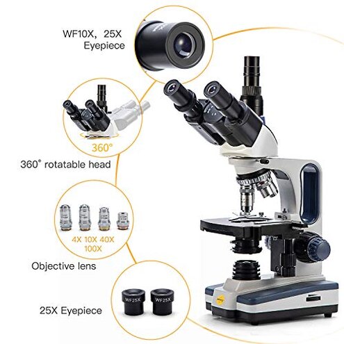 SWIFT Trinocular Compound Microscope SW350T,40X-2500X Magnification,Siedentopf Head,Research-Grade,Two-Layer Mechanical Stage,1.3mp Camera and Software Windows and Mac Compatible
