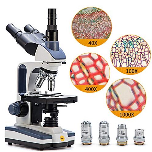 SWIFT Trinocular Compound Microscope SW350T,40X-2500X Magnification,Siedentopf Head,Research-Grade,Two-Layer Mechanical Stage,1.3mp Camera and Software Windows and Mac Compatible