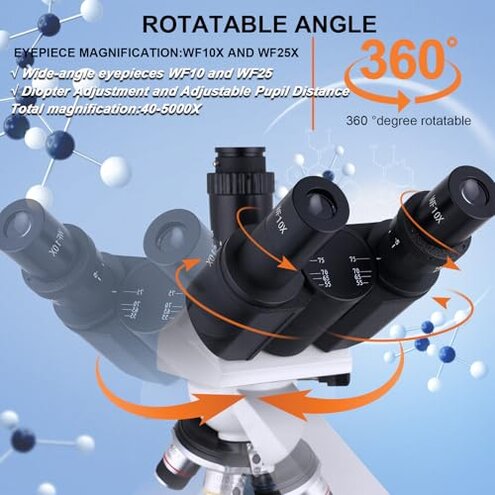 Herwicm Compound Trinocular Microscope 40X-5000X Magnification, Research Grade Professional Microscope, Two Levels of Mechanical Stage LED Illumination, USB Video Camera with Microscope for Adults