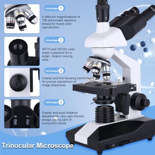 Herwicm Compound Trinocular Microscope 40X-5000X Magnification, Research Grade Professional Microscope, Two Levels of Mechanical Stage LED Illumination, USB Video Camera with Microscope for Adults