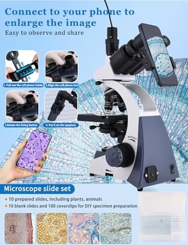Woehrsh Microscope for Adults 40X-5000X Magnification Lab Grade with Dual Mechanical Stages and HD USB Camera Trinocular Microscope