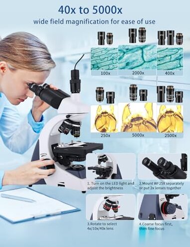 Woehrsh Microscope for Adults 40X-5000X Magnification Lab Grade with Dual Mechanical Stages and HD USB Camera Trinocular Microscope