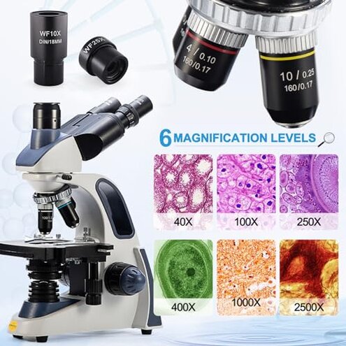 SWIFT SW380T Compound Trinocular Microscope, 40X-2500X Magnification, Two-Layer Mechanical Stage, 5.0 MP Camera and Software Windows/Mac Compatible and Smartphone Adapter and 100 PCS Blank Slides