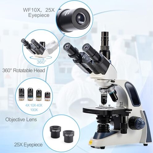 SWIFT SW380T Compound Trinocular Microscope, 40X-2500X Magnification, Two-Layer Mechanical Stage, 5.0 MP Camera and Software Windows/Mac Compatible and Smartphone Adapter and 100 PCS Blank Slides